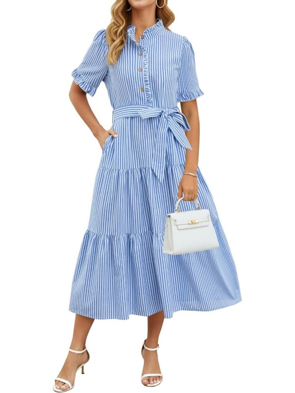 Stylish Women's Cotton Striped Maxi Dress with Ruffled Sleeves - Summer